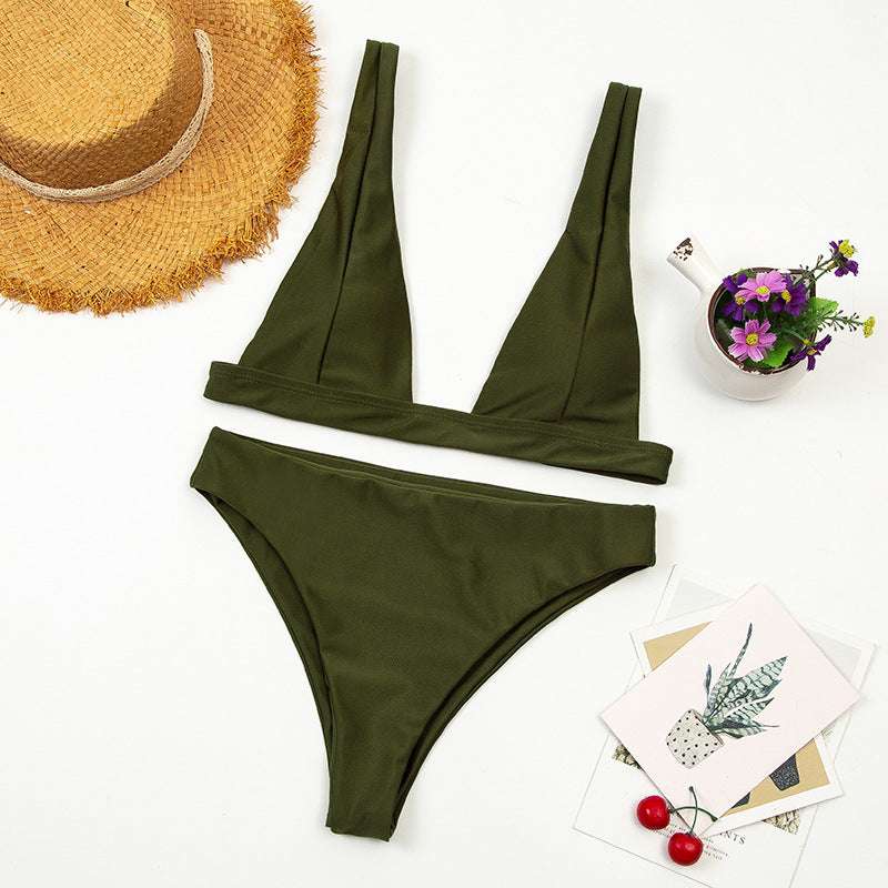 Bikini Deep V Swimsuit Beach High Waist Two Piece Brazilian Swimwear - Minihomy