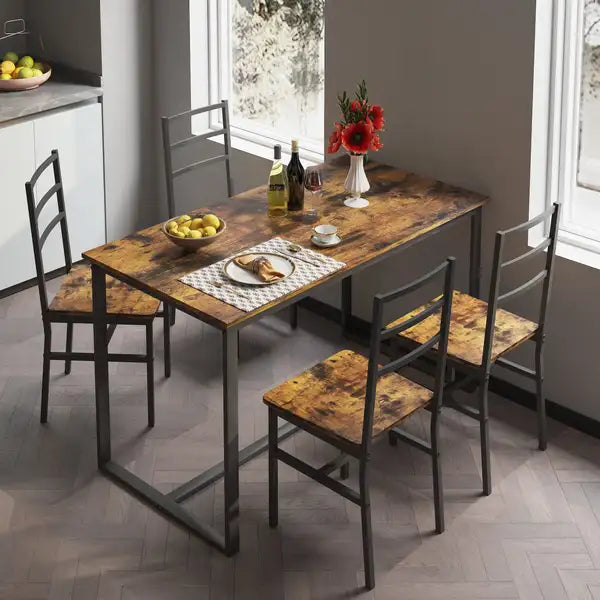 Industrial 5-Piece Dining Set with Backrest - Solid Steel Table and Chairs - Minihomy