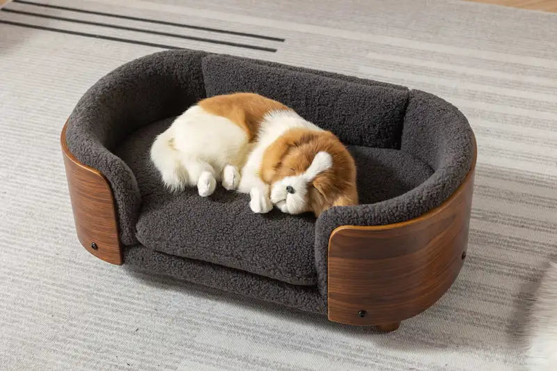Scandinavian Dog Bed | Elevated Pet Sofa w/ Walnut Wood & Cashmere Cushion (Small)