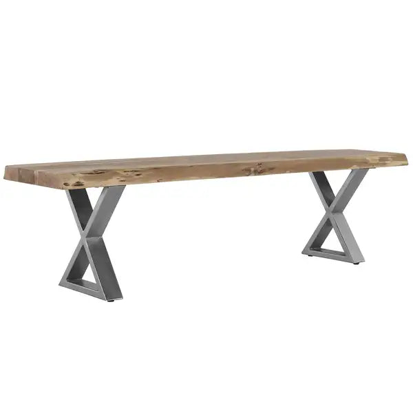 70" Acacia Wood Dining Bench - Farmhouse Style, Crossed Legs, Brown & Chrome - Minihomy