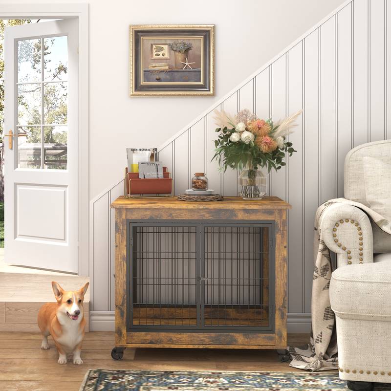 Rustic Brown Dog Crate End Table with Wheels & Lift Top - 31.5"W