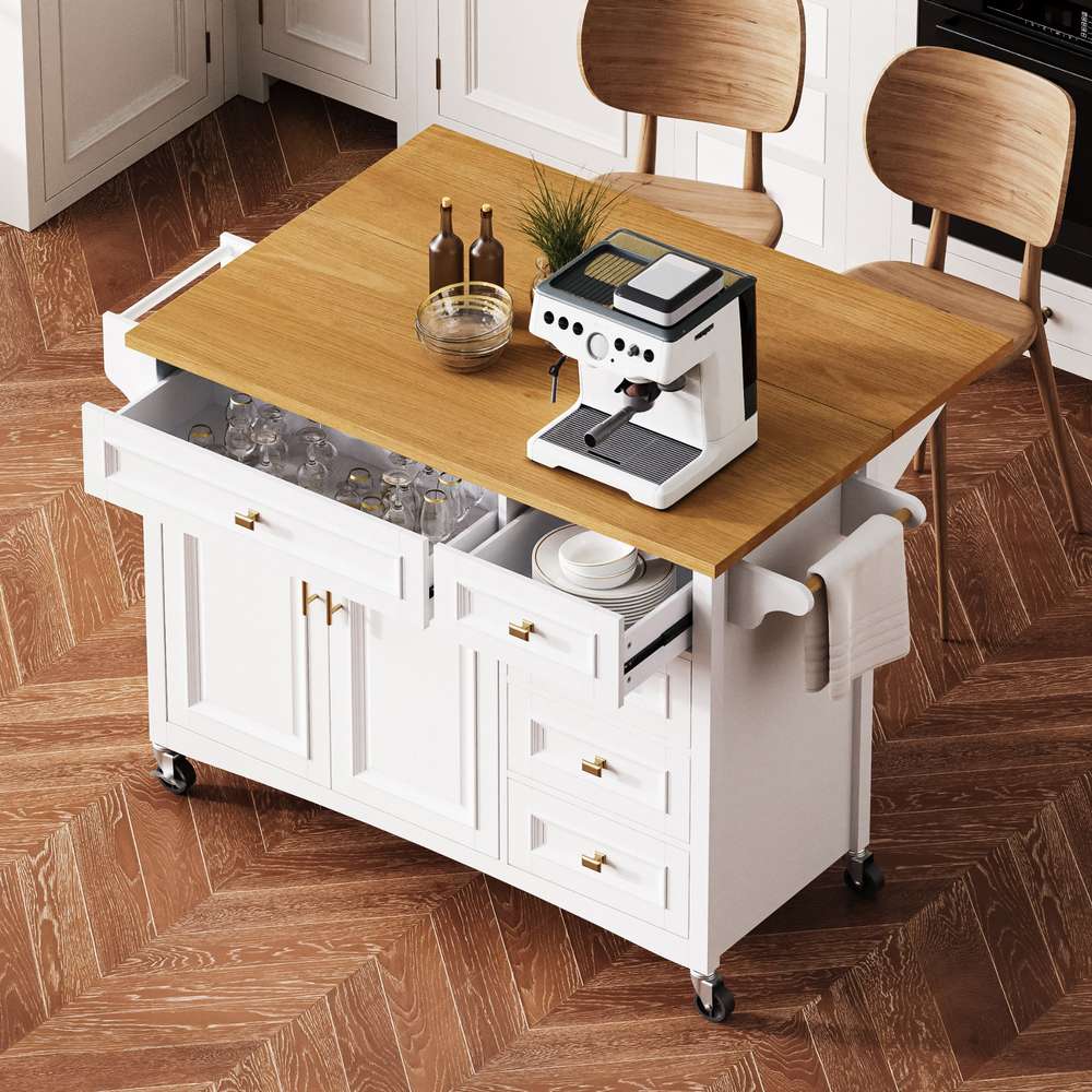 K&K 52" White Kitchen Island - Drop Leaf, Wheels, Spice Rack & Storage