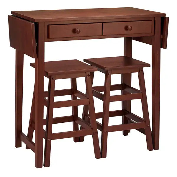 Handcrafted Kitchen Island Breakfast Table Set - 2 Drawers, Rubberwood, Stools, Walnut Brown - Minihomy