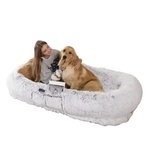 Large Washable Faux Fur Dog Bed for Humans & Pets - 71"x40"x12" (Grey)