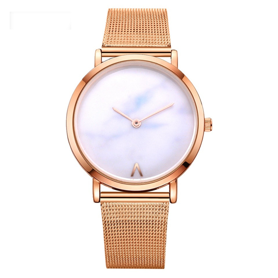 Women's Silver & Gold Mesh Marble Watch - Vansvar Fashion Quartz Wristwatch