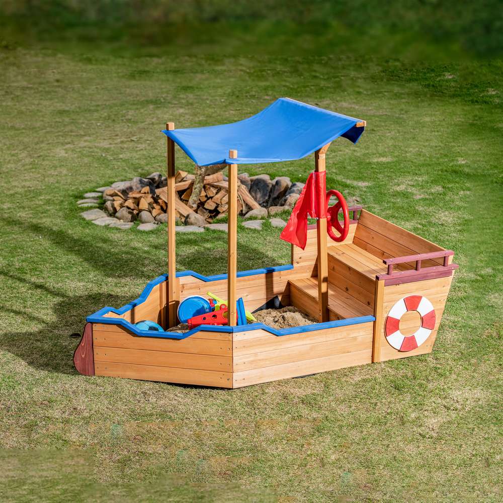 Kids Pirate Ship Sandbox with Cover & Storage Bench - Outdoor Toy for Ages 3-8