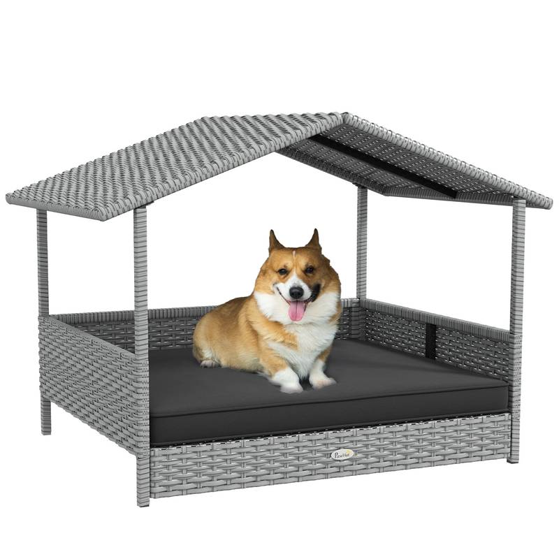 PawHut Gray Wicker Dog House with Canopy & Water-Resistant Cushion