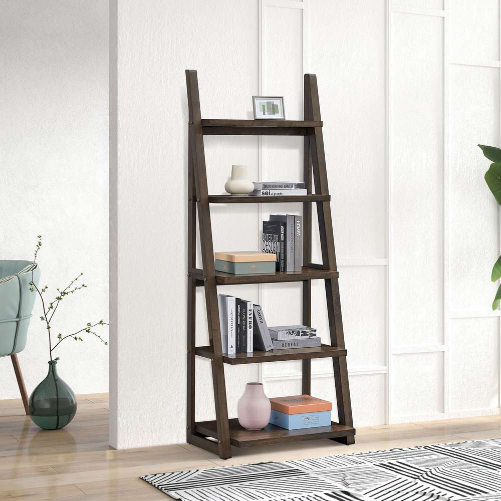 Rustic Brown 5-Tier Ladder Shelf Bookcase - Living Room, Bedroom, Office Storage