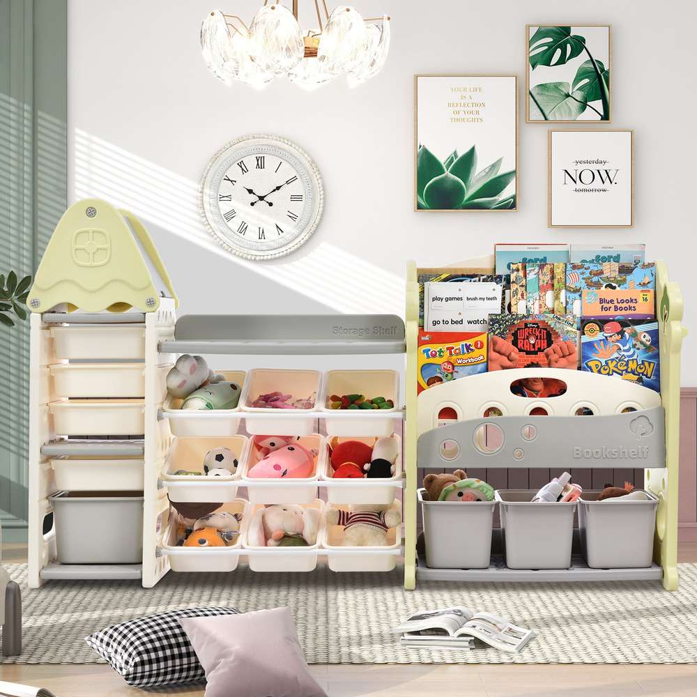 Kids Bookshelf & Toy Organizer: 17 Bins, 5 Shelves, Nursery Storage