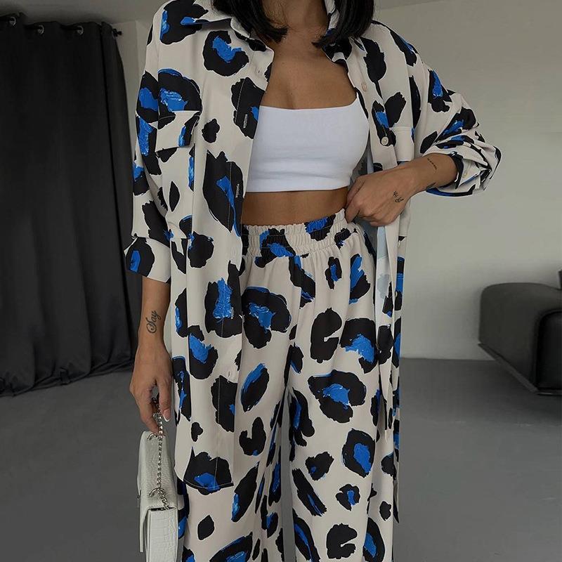 Printed Design Long-sleeved Shirt Wide-leg Pants Two-piece Set