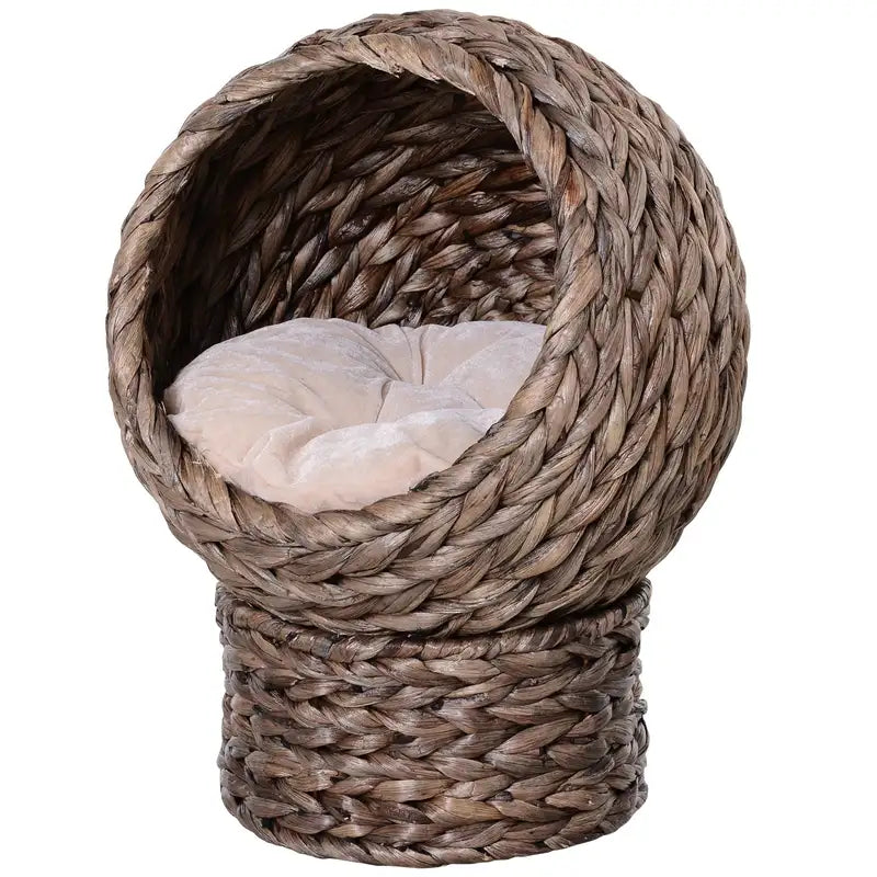 Elevated Cat Bed with Cushion - Gray Wicker Cat House - 23.5"H