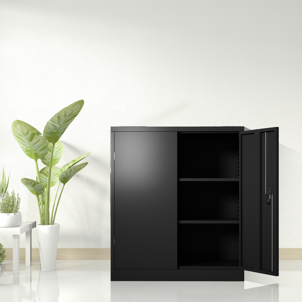 Lockable Steel Storage Cabinet - 2 Doors, 2 Shelves - Garage, Office, Warehouse