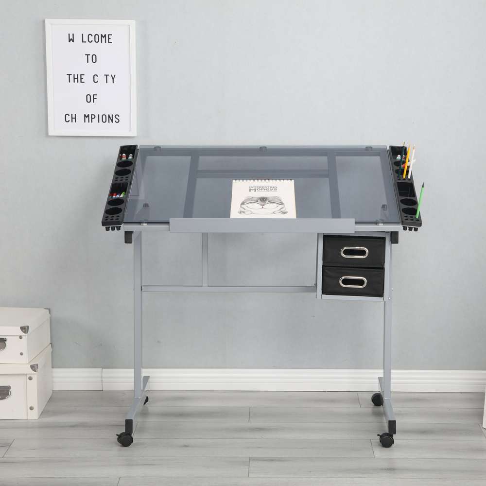 Adjustable Art Desk with Drawers & Wheels - Craft Station, Drafting Table