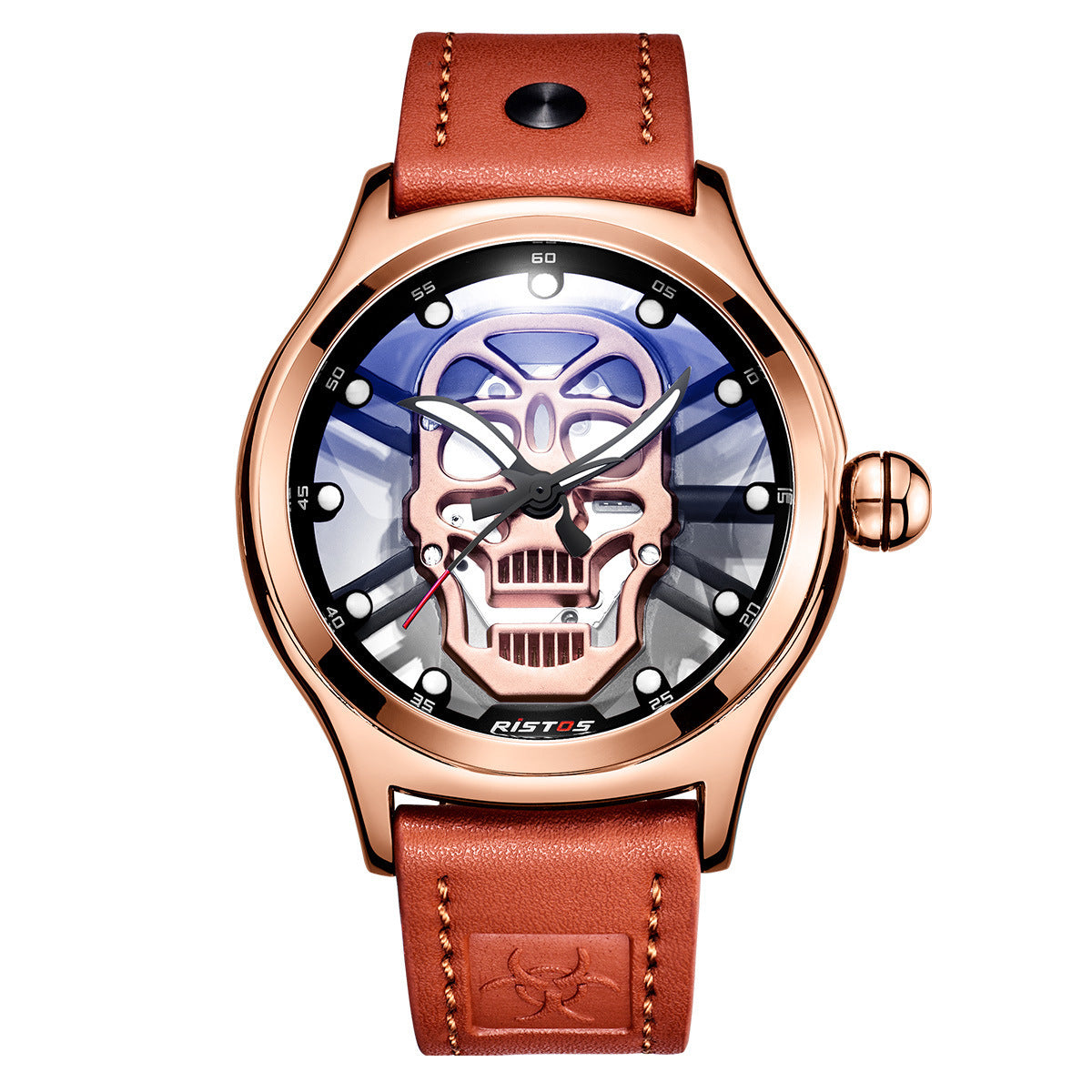 Men's Skeleton Skull Quartz Watch with Genuine Leather Band
