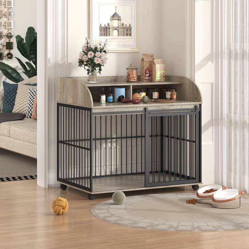 Heavy-Duty Large Dog Crate End Table - 44" Wooden Kennel with Wheels & Storage - Gray