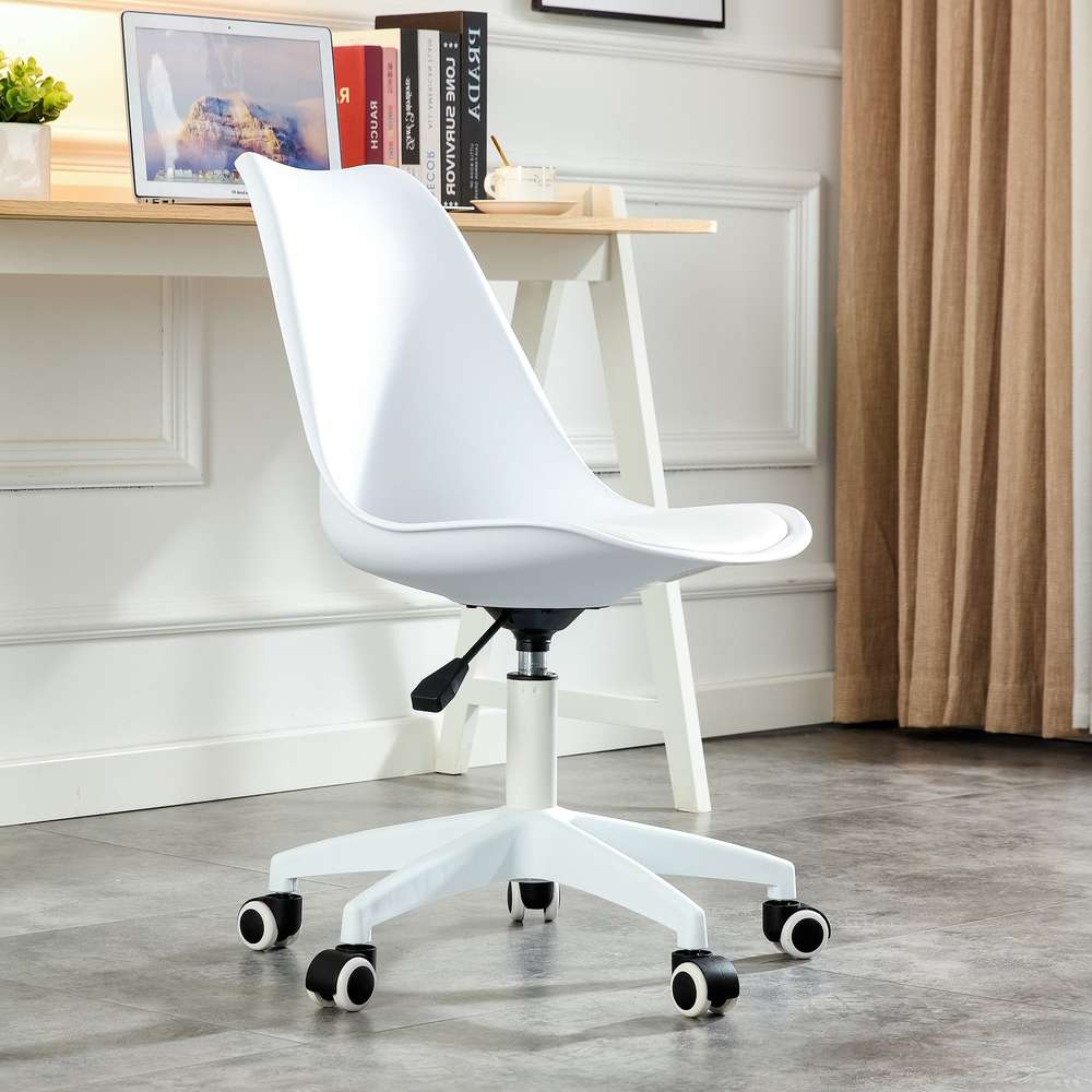 Modern Adjustable Swivel Office Chair - White Armless Computer Chair with Wheels