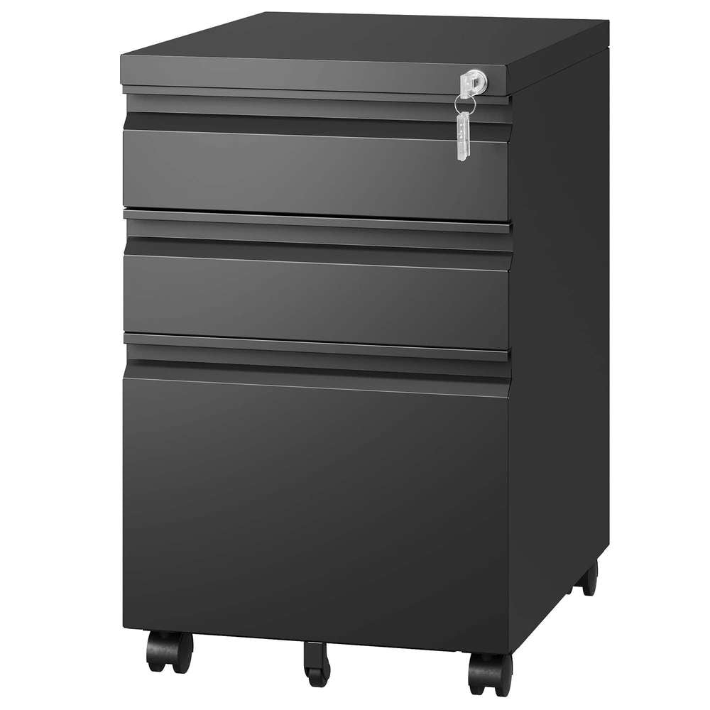 Black Metal Mobile File Cabinet - 3 Drawers, Locking, Assembled