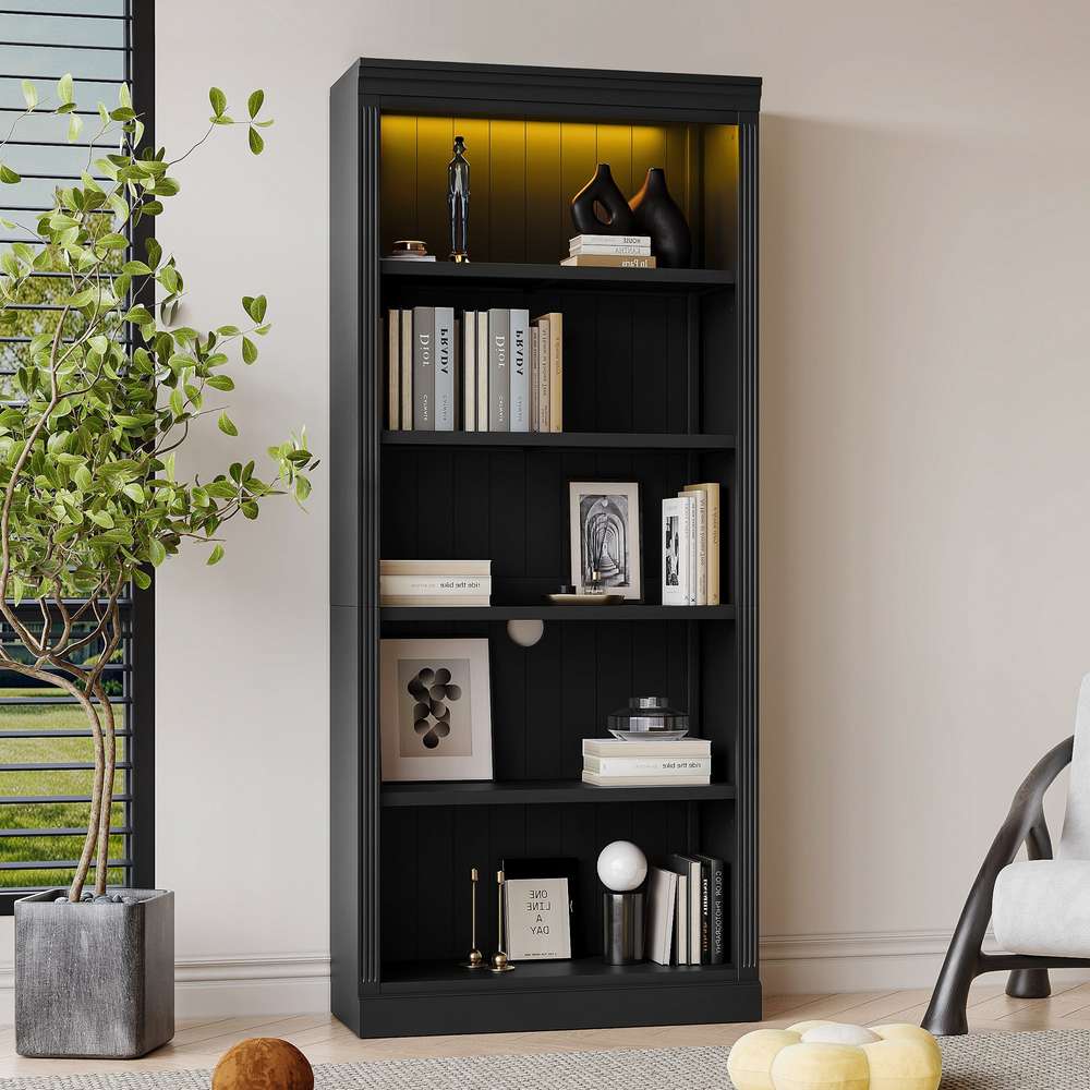 5-Tier Adjustable Bookshelf with LED Light - 83.4" Tall Black Wood Bookcase