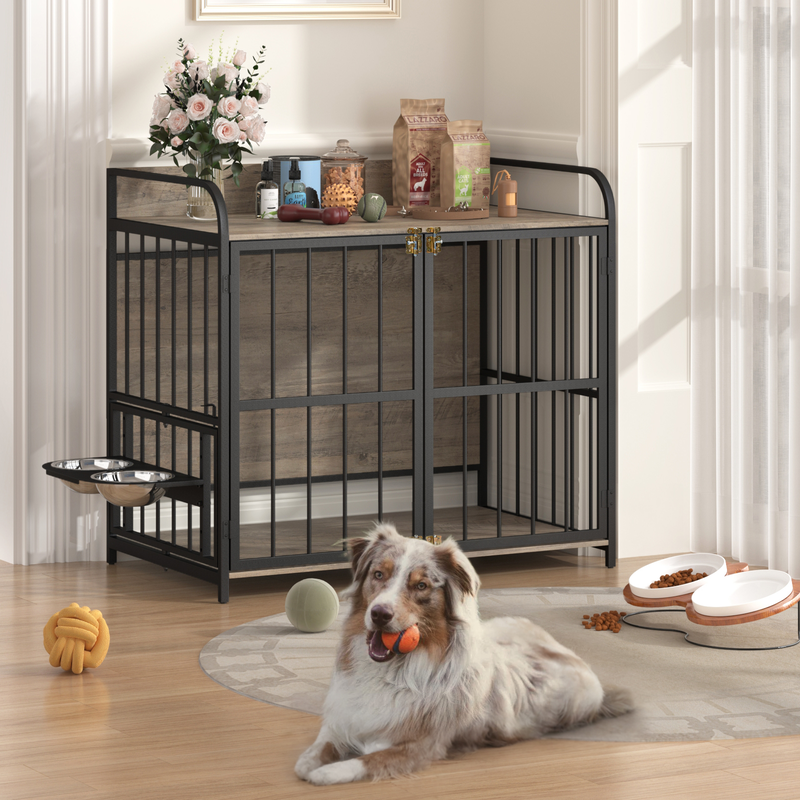 Gray Metal Dog Crate End Table - 39" Indoor Dog Kennel with Double Doors & Feeder