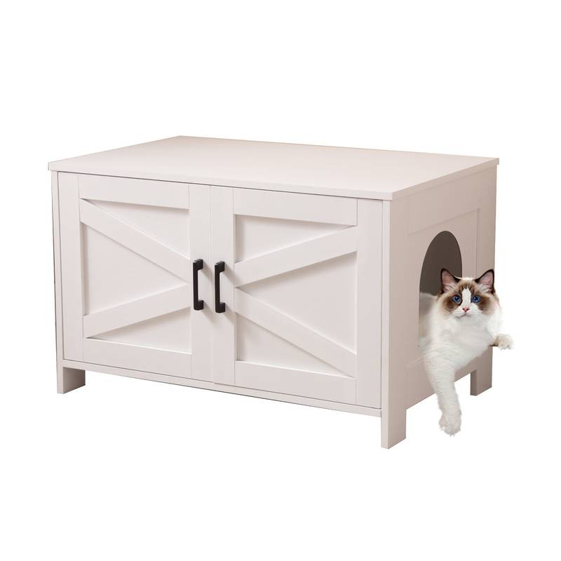 White Wooden Cat Litter Box Enclosure with Barn Door - Hidden Litter Box Furniture