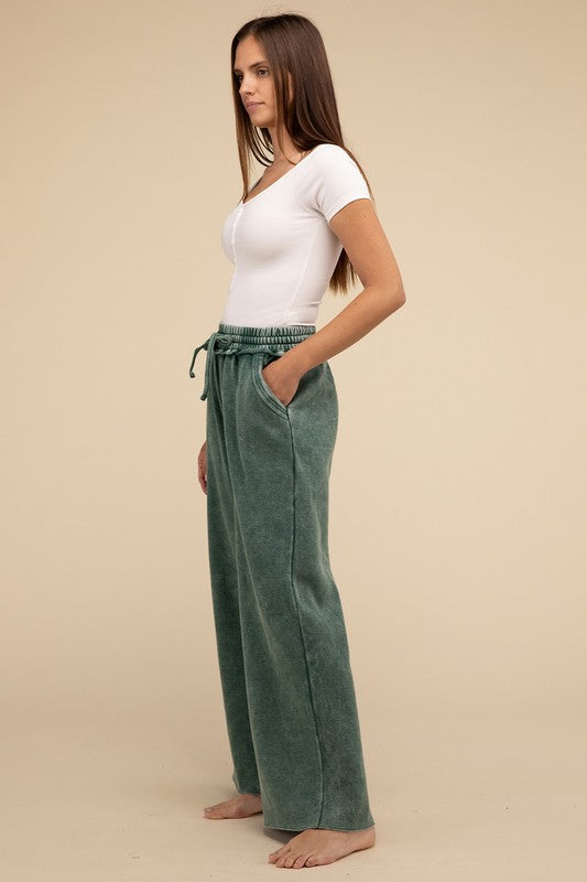 Acid Wash Fleece Palazzo Sweatpants with Pockets - Comfy & Stylish - Minihomy