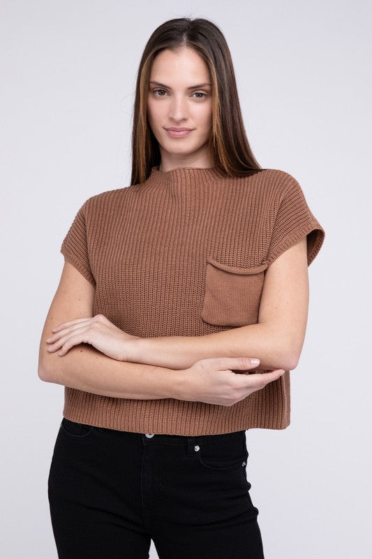 Mock Neck Short Sleeve Cropped Sweater for Women - Stylish Knit Top - Minihomy