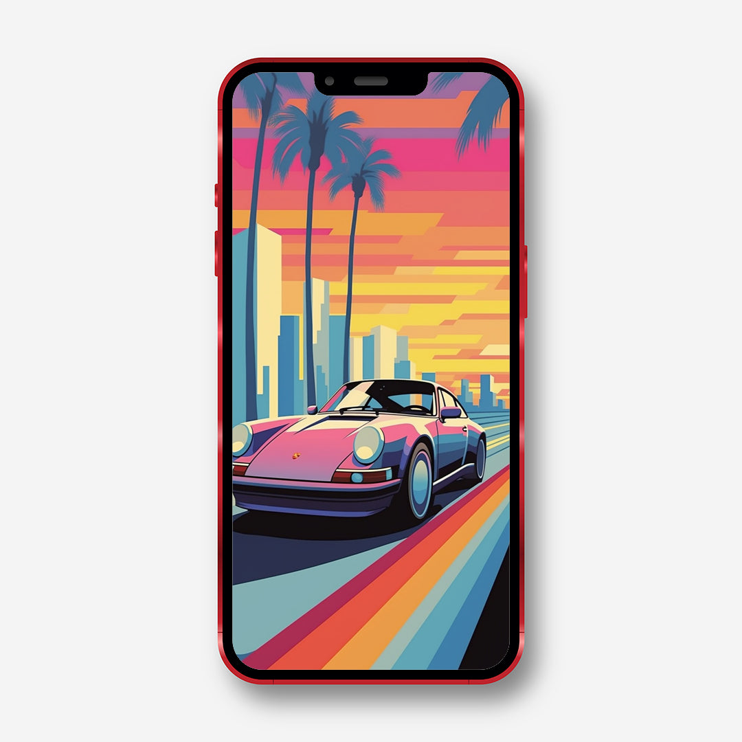 Futuristic Beach Vibes - Abstract 1980's Porsche 911 Phone Wallpaper - Minihomy