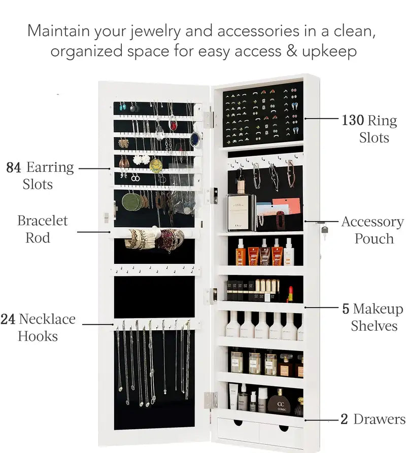 Large Lockable Jewelry Armoire with Mirror - White, 47.2"