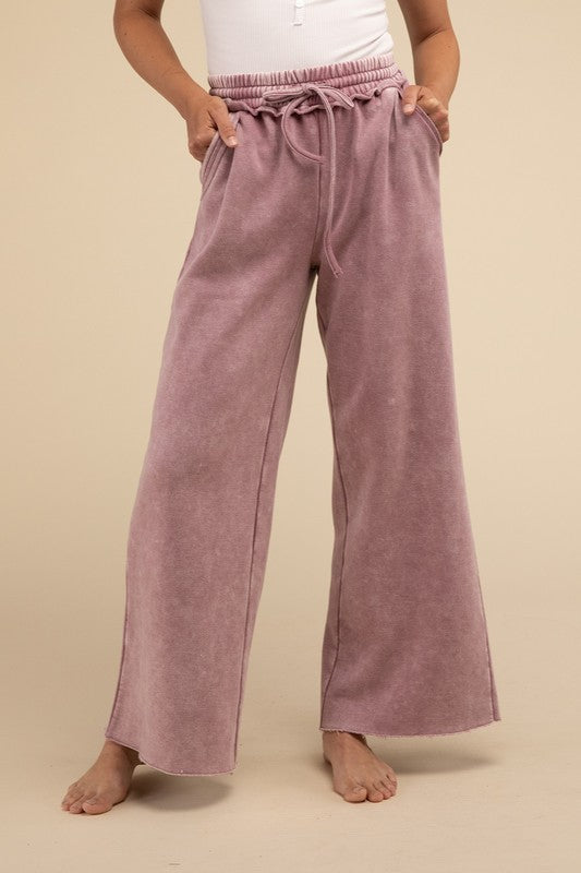 Acid Wash Fleece Palazzo Sweatpants with Pockets - Comfy & Stylish - Minihomy