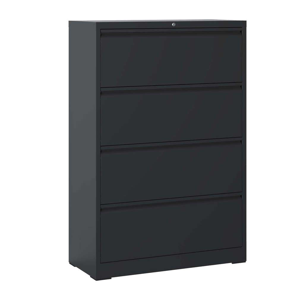 Lockable 4-Drawer Lateral File Cabinet - Metal, Black - Legal/Letter/A4/F4