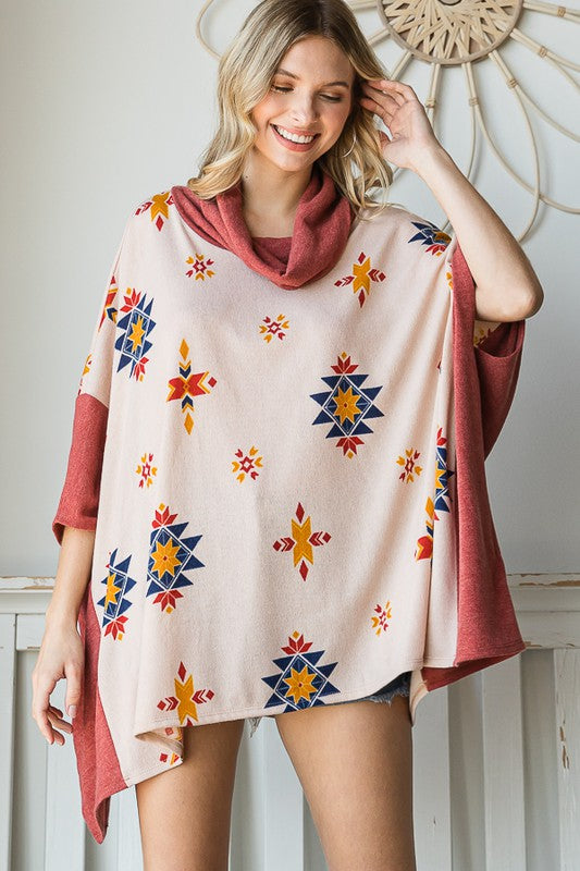 Aztec Print Cowl Neck Oversized Poncho - Minihomy