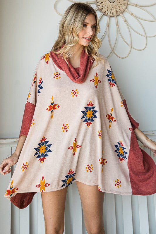 Aztec Print Cowl Neck Oversized Poncho - Minihomy