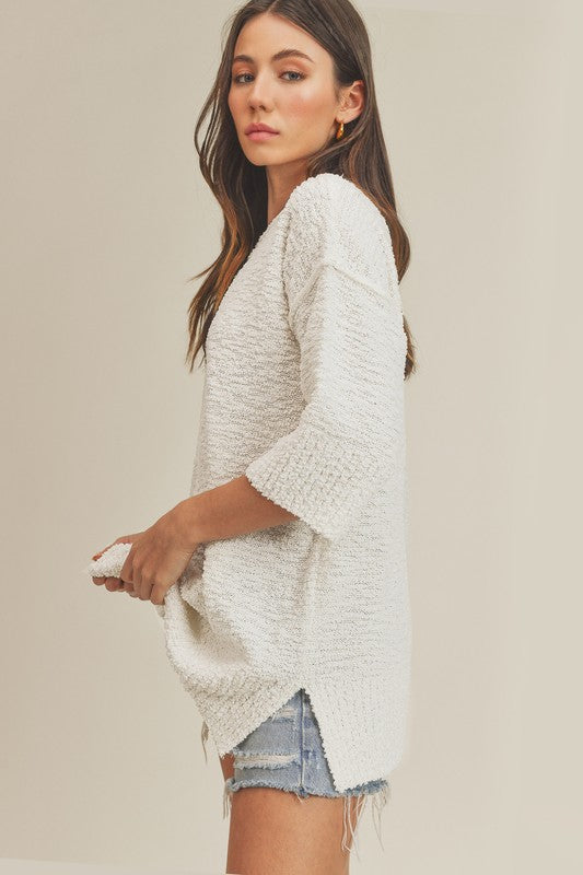 Mandie Sweater - Textured Knit, Boxy Silhouette, Ribbed Hem and Sleeves, Scoop Neck, Long Sleeve - Minihomy