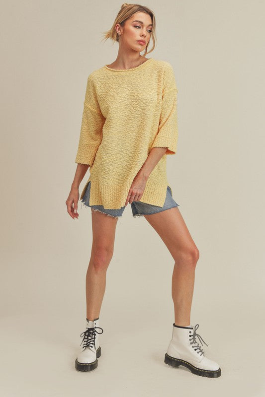 Mandie Sweater - Textured Knit, Boxy Silhouette, Ribbed Hem and Sleeves, Scoop Neck, Long Sleeve - Minihomy