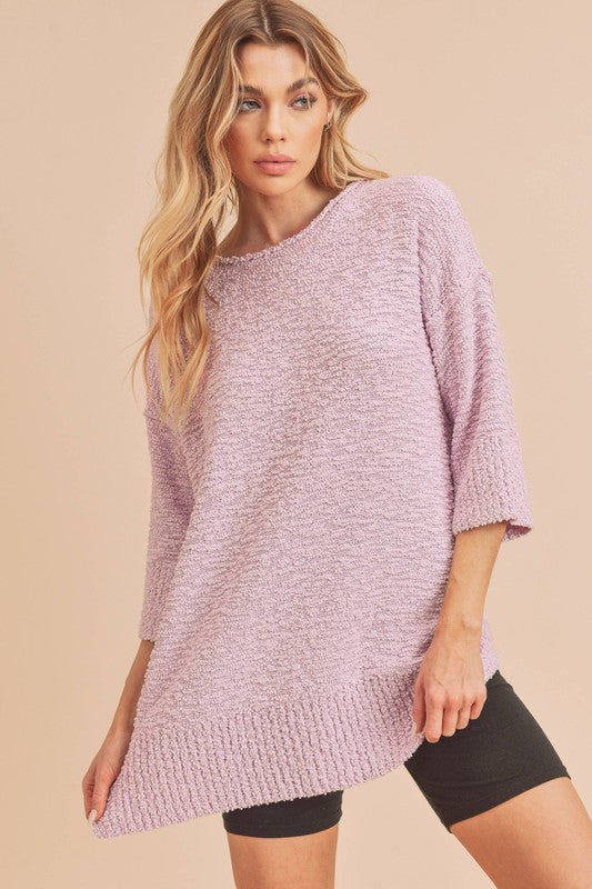 Mandie Sweater - Textured Knit, Boxy Silhouette, Ribbed Hem and Sleeves, Scoop Neck, Long Sleeve - Minihomy