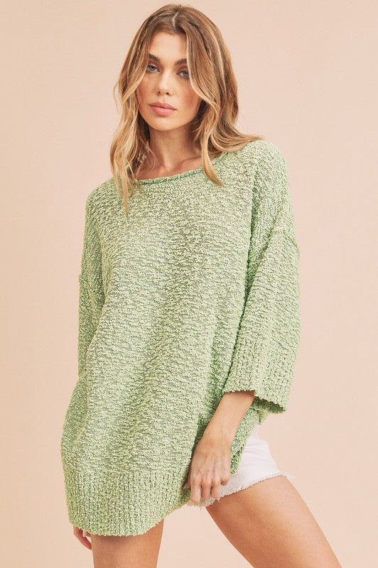 Mandie Sweater - Textured Knit, Boxy Silhouette, Ribbed Hem and Sleeves, Scoop Neck, Long Sleeve - Minihomy
