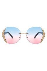 Women Rimless Round Rhinestone Oversize Sunglasses
