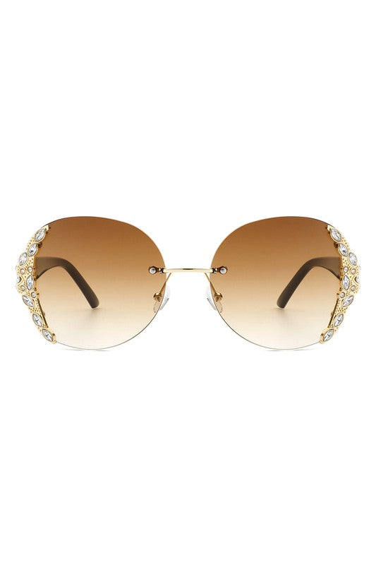 Women Rimless Round Rhinestone Oversize Sunglasses