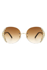 Women Rimless Round Rhinestone Oversize Sunglasses