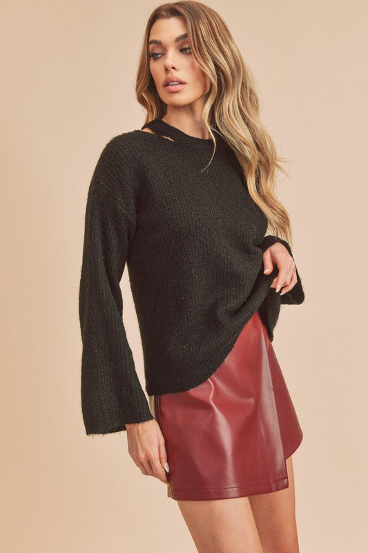 Harlie Sweater - Cozy Knit with Edgy Cutout Shoulder, Relaxed Fit, Thick Ribbed Trim - Minihomy