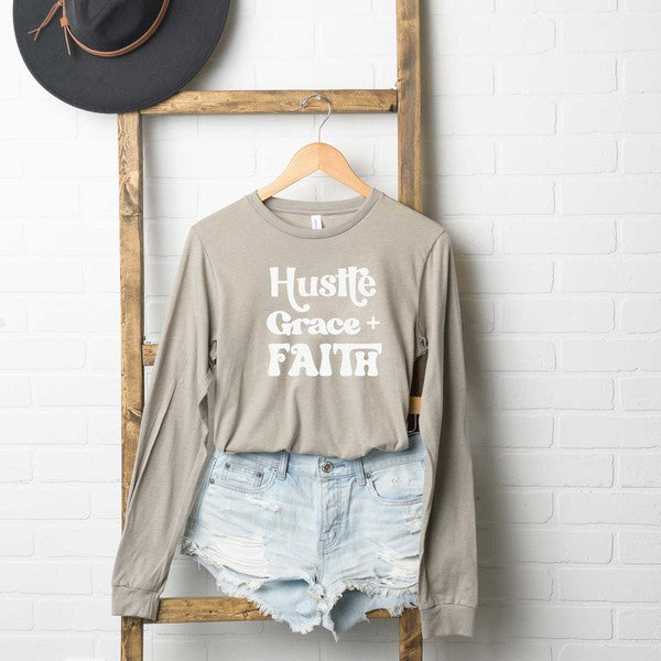 Hustle Grace Faith Long Sleeve Graphic Tee for Women - Inspirational T-Shirt - Minihomy