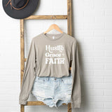 Hustle Grace Faith Long Sleeve Graphic Tee for Women - Inspirational T-Shirt - Minihomy