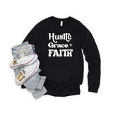 Hustle Grace Faith Long Sleeve Graphic Tee for Women - Inspirational T-Shirt - Minihomy