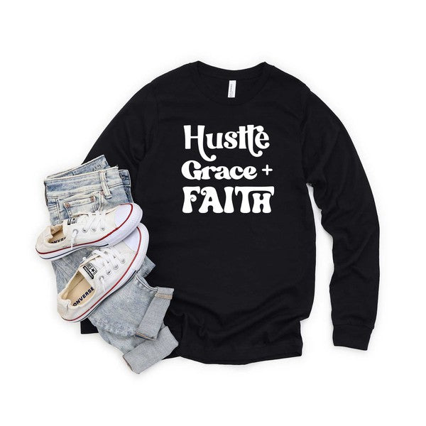 Hustle Grace Faith Long Sleeve Graphic Tee for Women - Inspirational T-Shirt - Minihomy