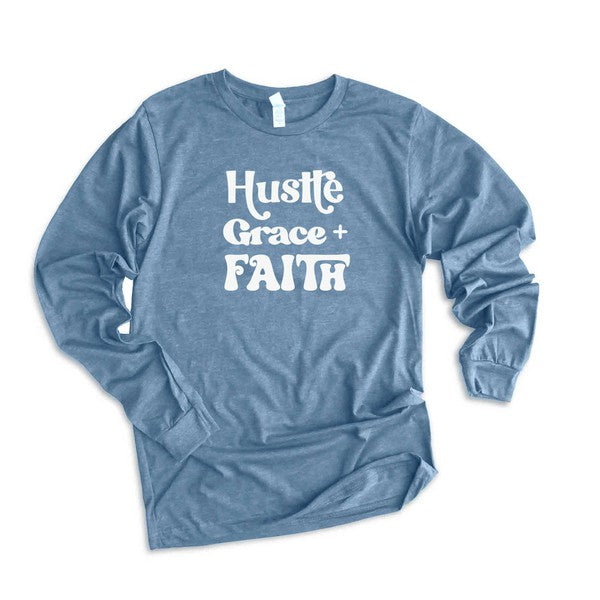 Hustle Grace Faith Long Sleeve Graphic Tee for Women - Inspirational T-Shirt - Minihomy