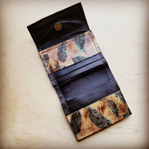 Tri-Fold Leather Wallet-Plumas Sepia Turquoise