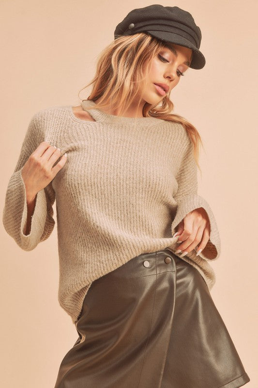Harlie Sweater - Cozy Knit with Edgy Cutout Shoulder, Relaxed Fit, Thick Ribbed Trim - Minihomy