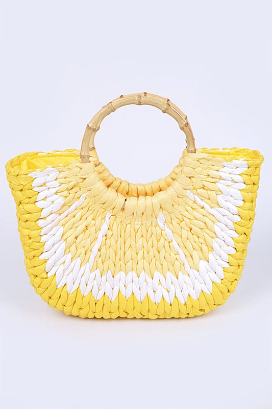 Faux Straw Lemon Bamboo Handle Summer Tote - Minihomy