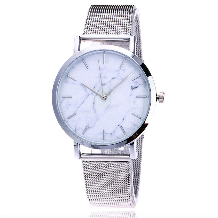 Women's Silver & Gold Mesh Marble Watch - Vansvar Fashion Quartz Wristwatch