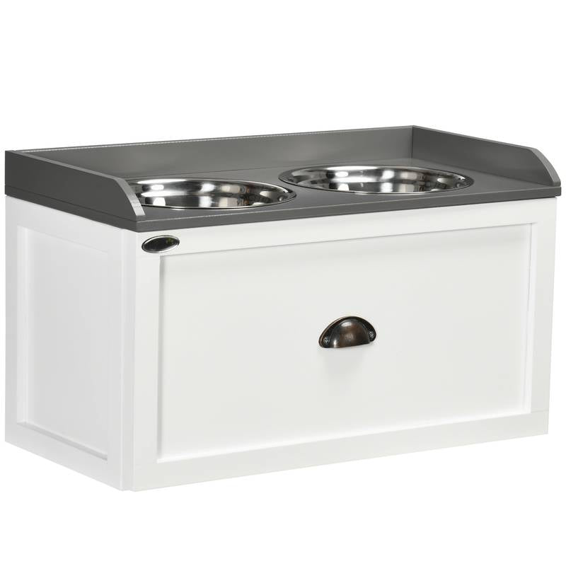 PawHut Elevated Dog Feeder with Storage - White, 2 Bowls
